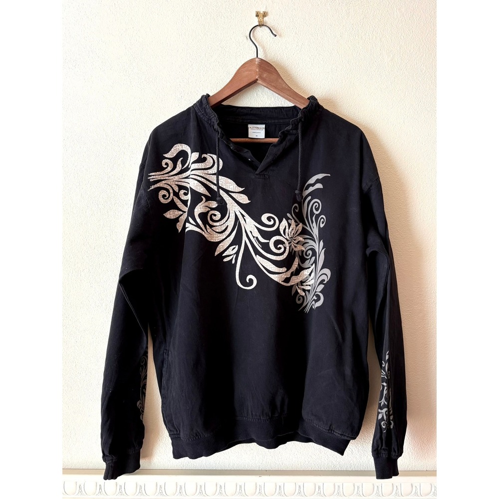 Crazy Shirts Hawaii Black Scroll Graphic Pullover 100% Cotton M USA Made Pockets